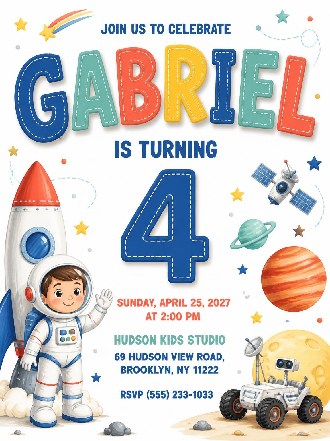 Moon Crater Stitched 4th Birthday Invitation