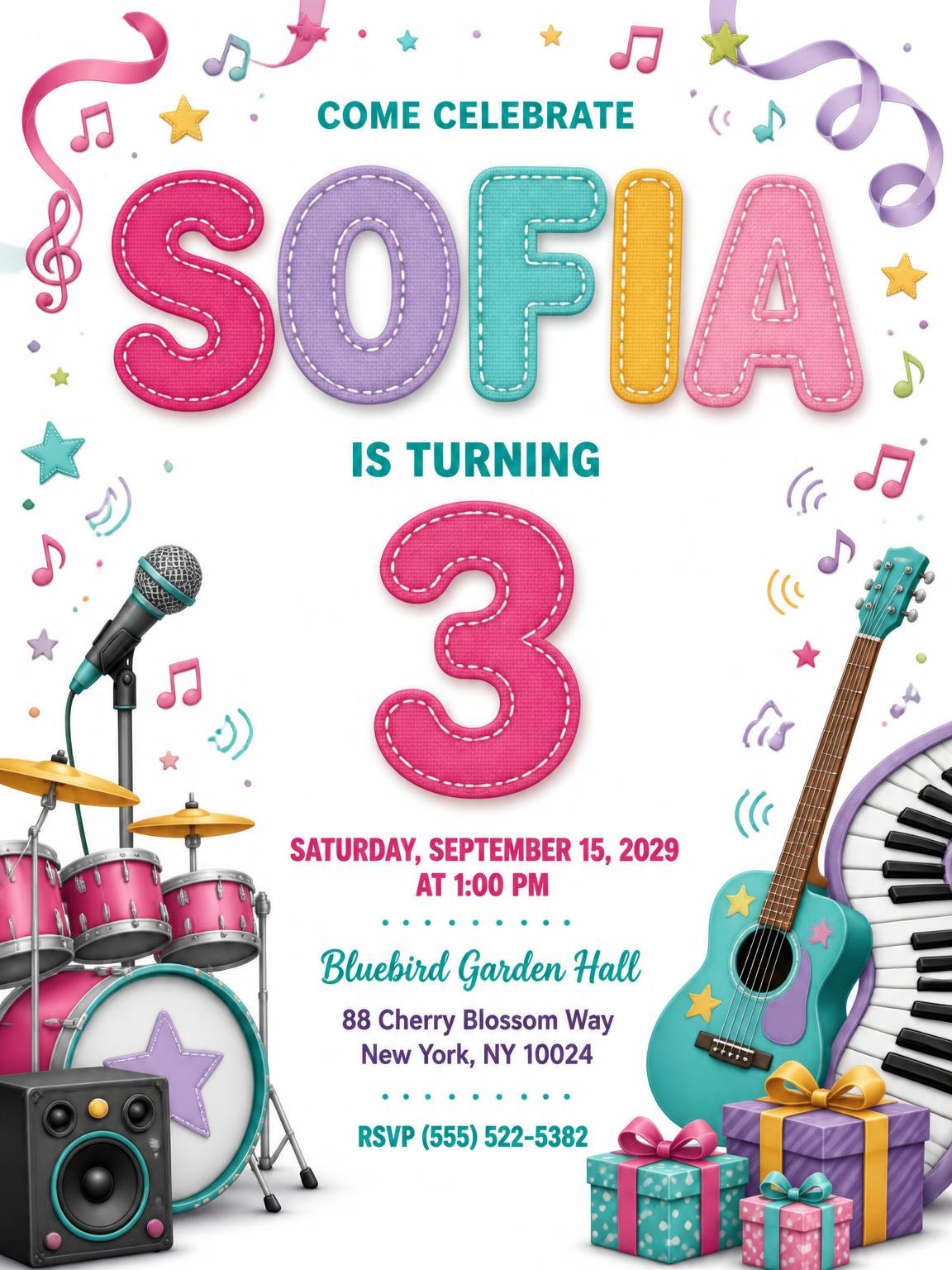 Stitched Rock Star 3rd Birthday Invitation