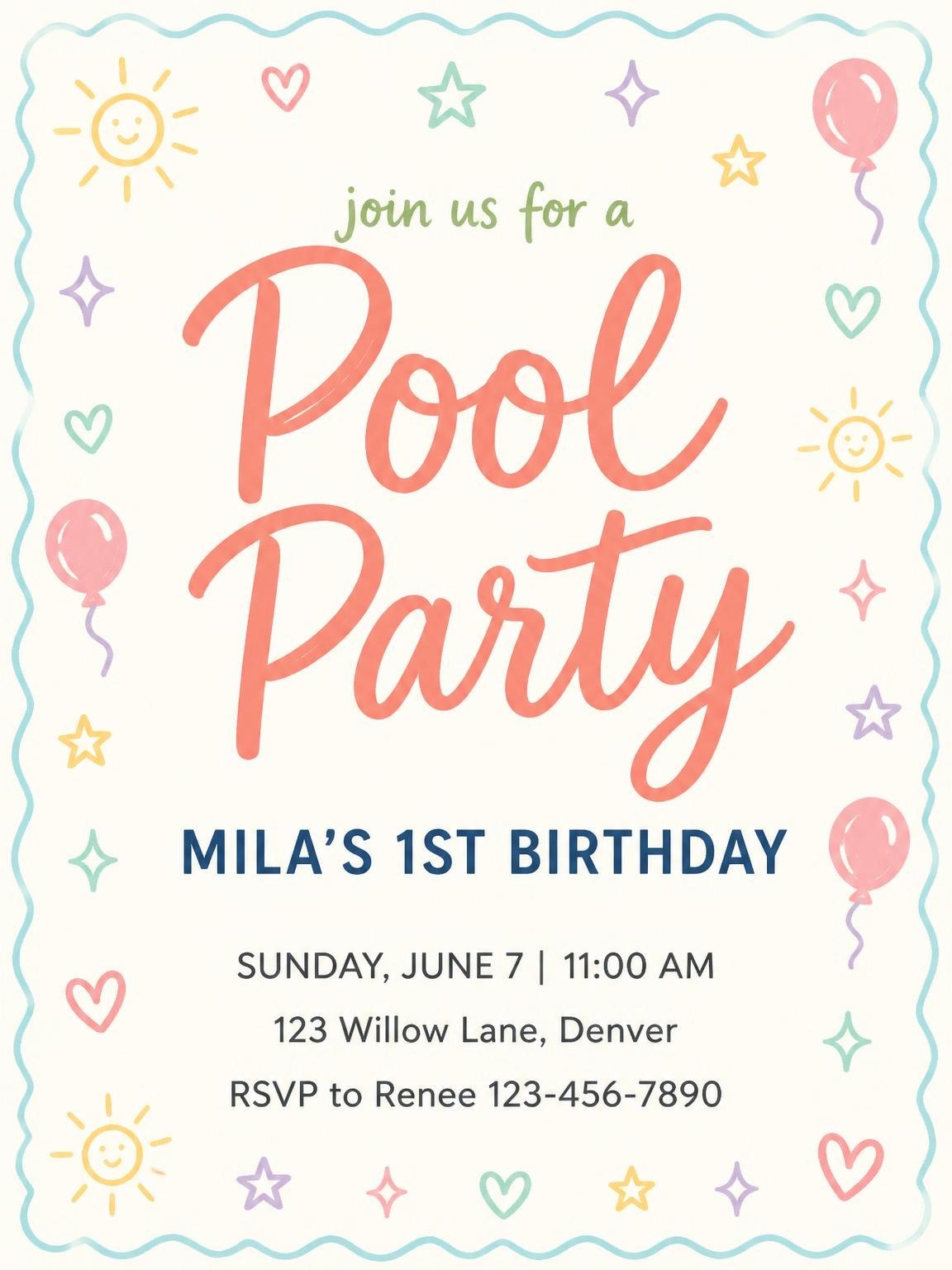 Pastel Doodle Pool Party 1st Birthday