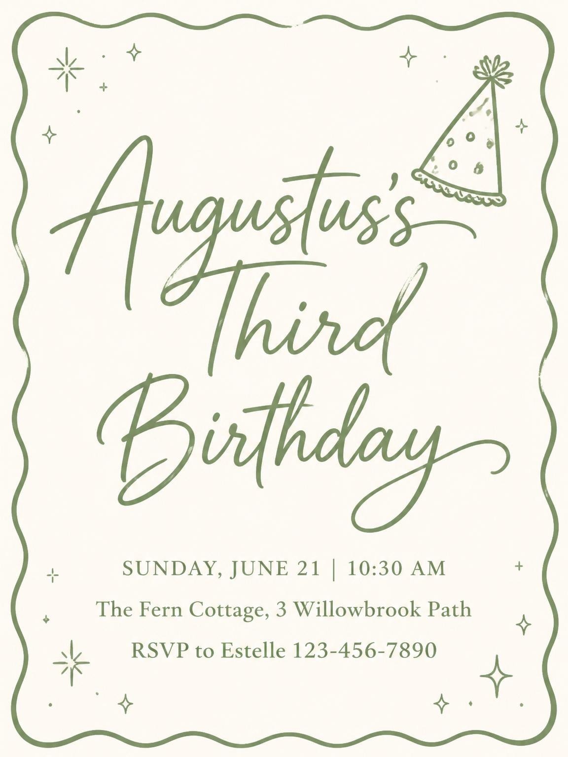 Sage Line-Art Party Hat 3rd Birthday
