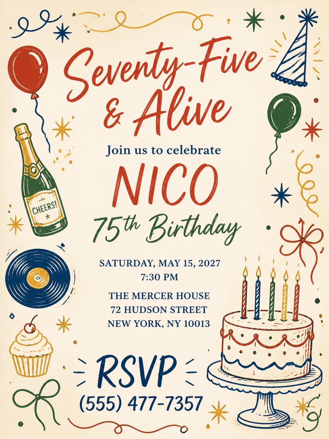 Retro Doodle 75th Birthday Invitation