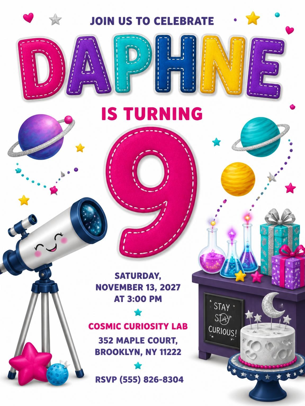 Telescope Stitched 9th Birthday Invitation
