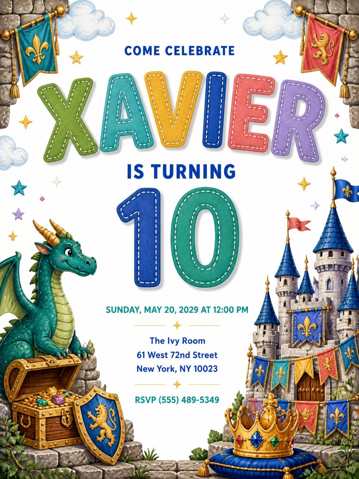Stitched Dragon Castle 10th Birthday Invitation