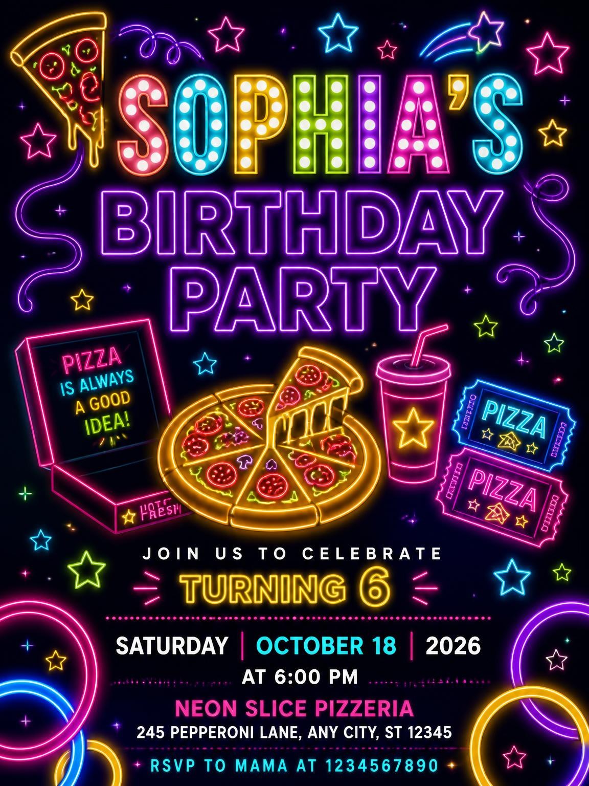 Neon Pizza 6th Birthday Invitation