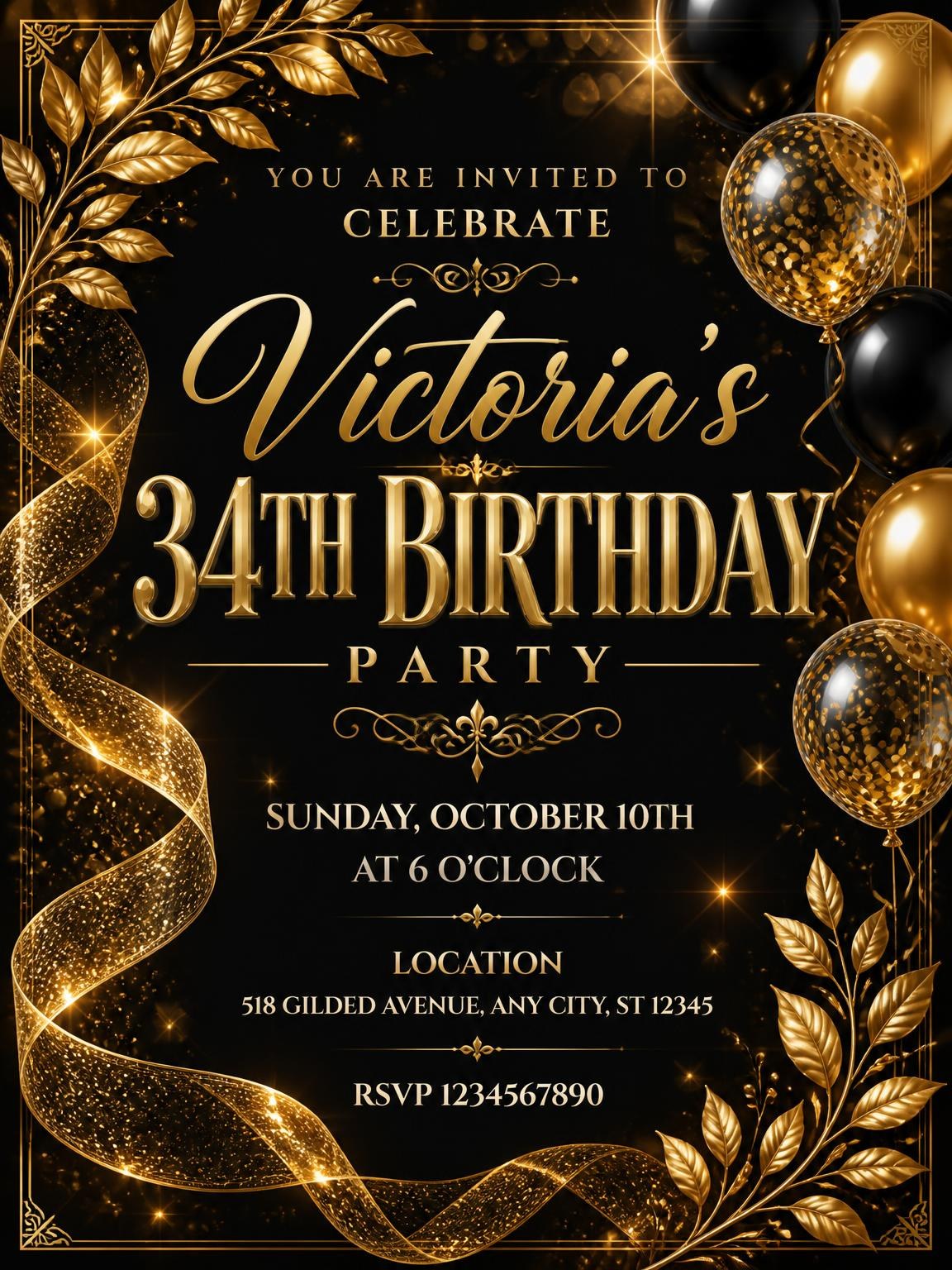 Black and Gold 34th Birthday Invitation