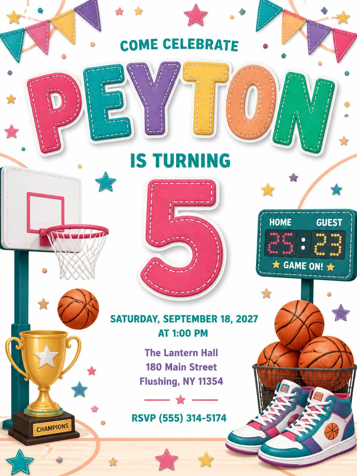 Stitched Basketball 5th Birthday Invitation