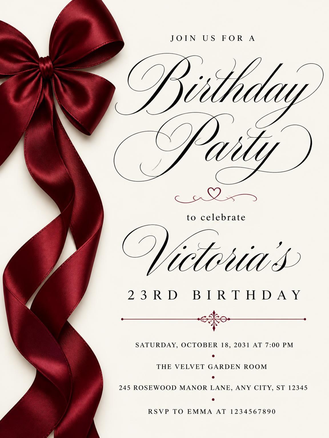 Burgundy Satin Bow 23rd Birthday Invitation