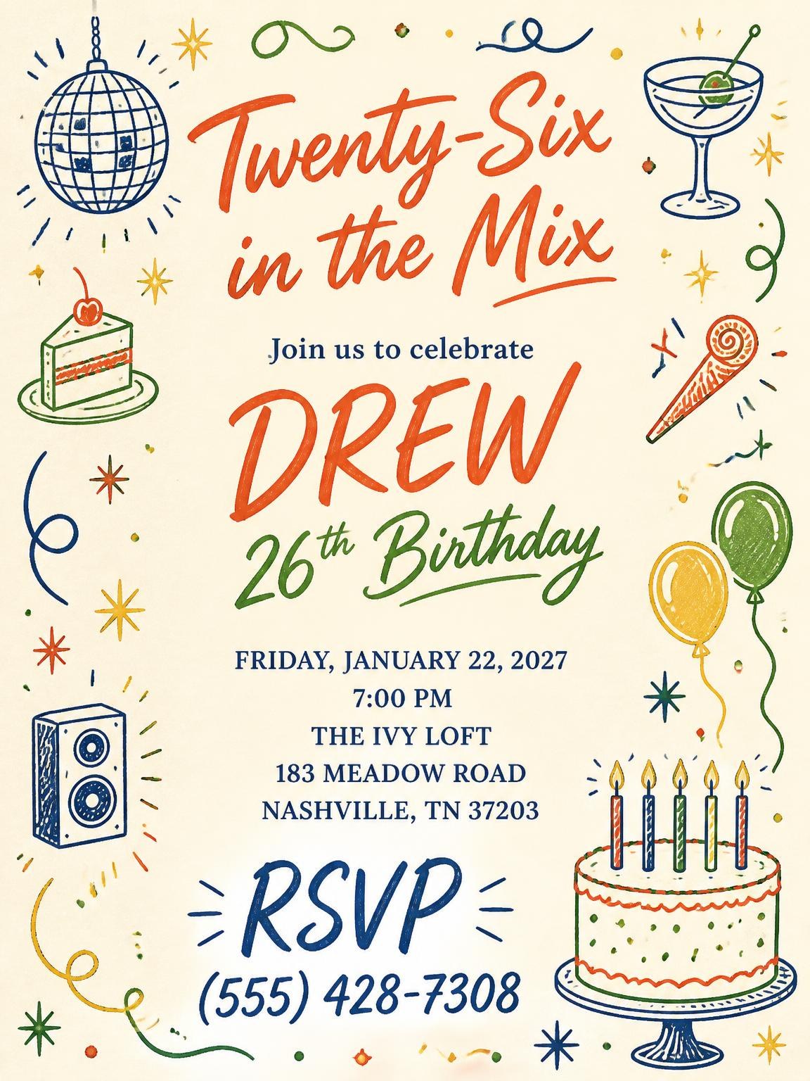 Retro Doodle 26th Birthday Invitation