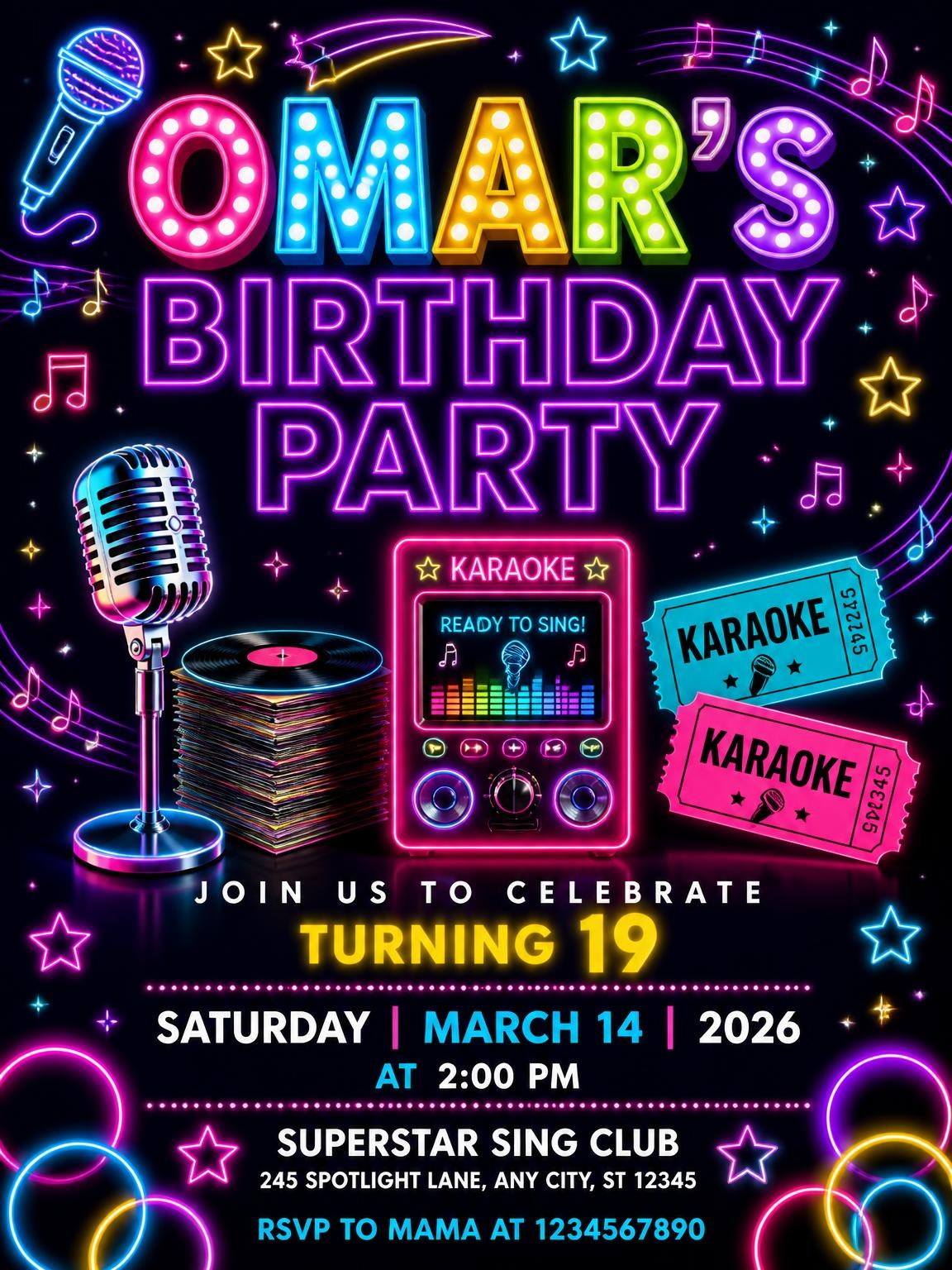 Neon Karaoke 19th Birthday Invitation
