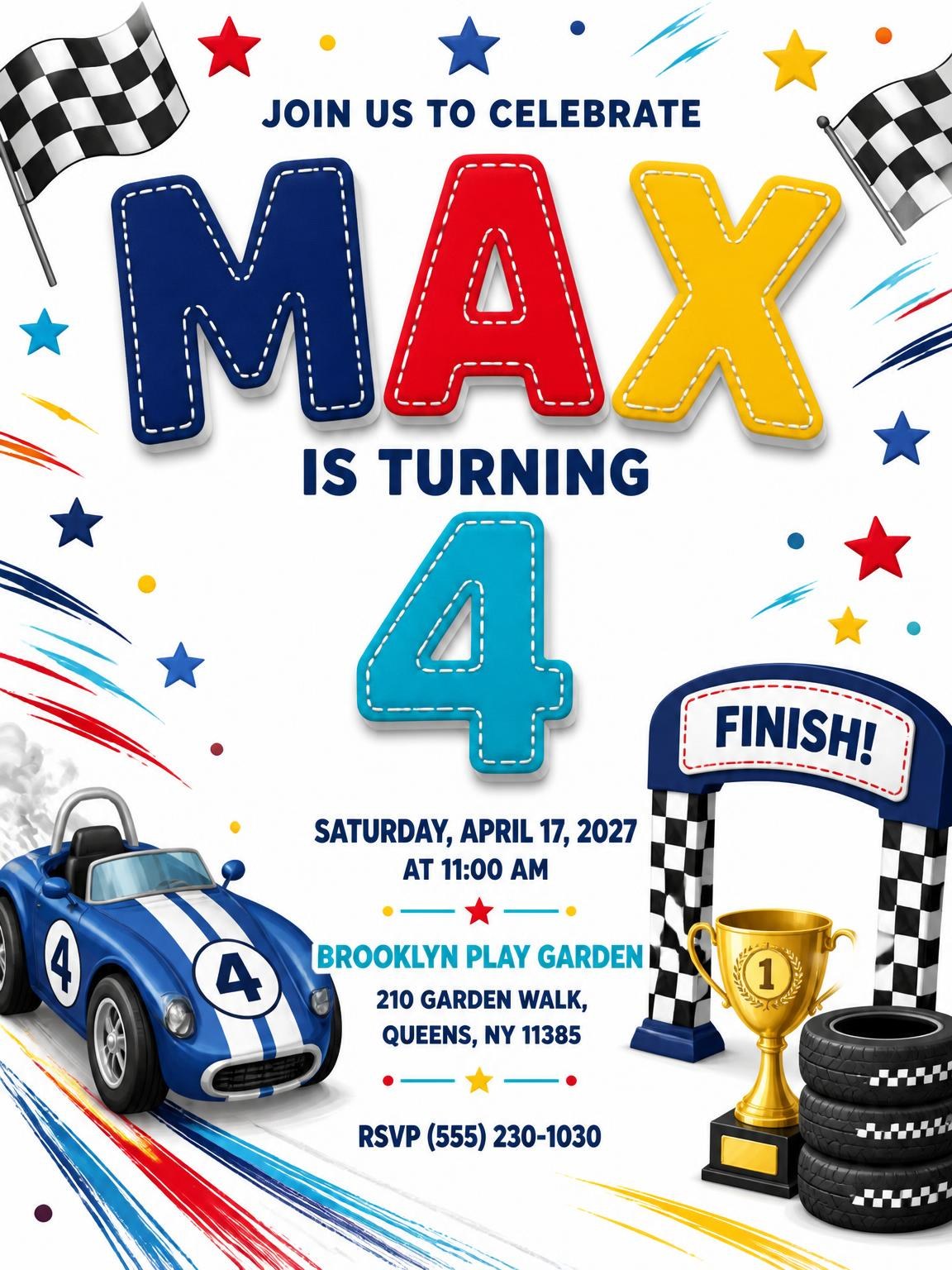 Stitched Finish Line 4th Birthday Invitation