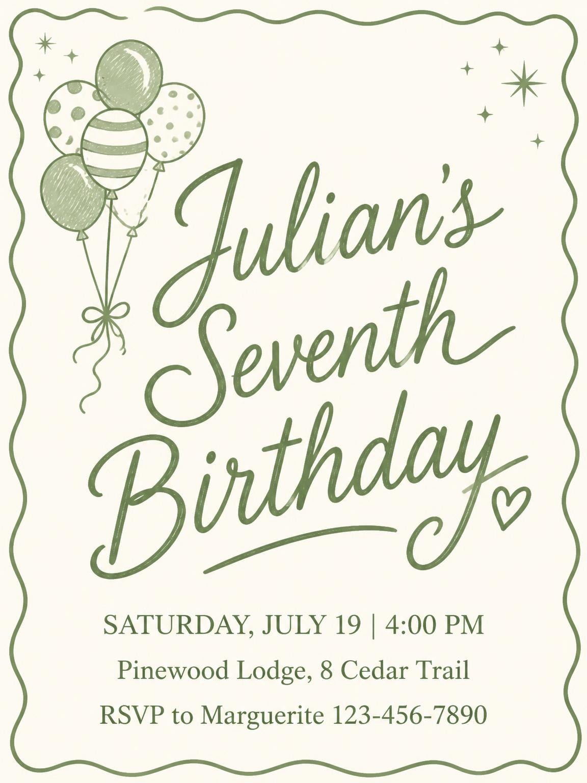 Olive Balloon Scalloped 7th Birthday Invitation