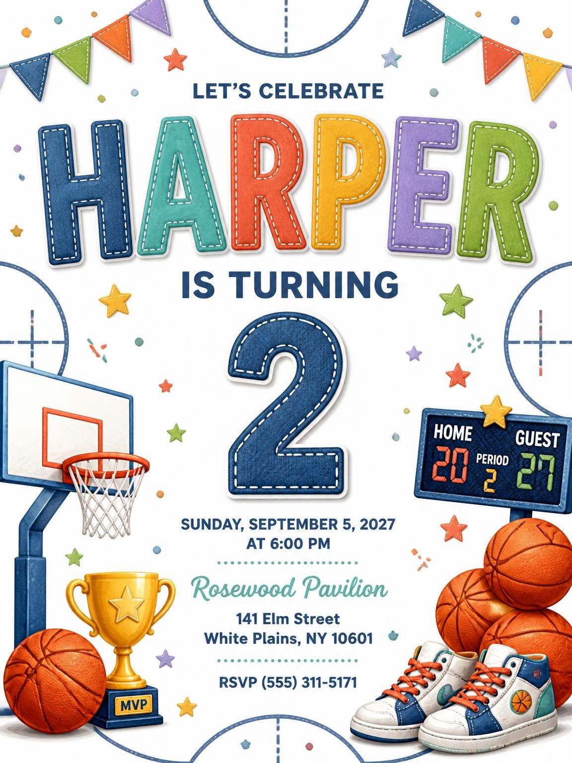 Stitched Basketball 2nd Birthday Invitation