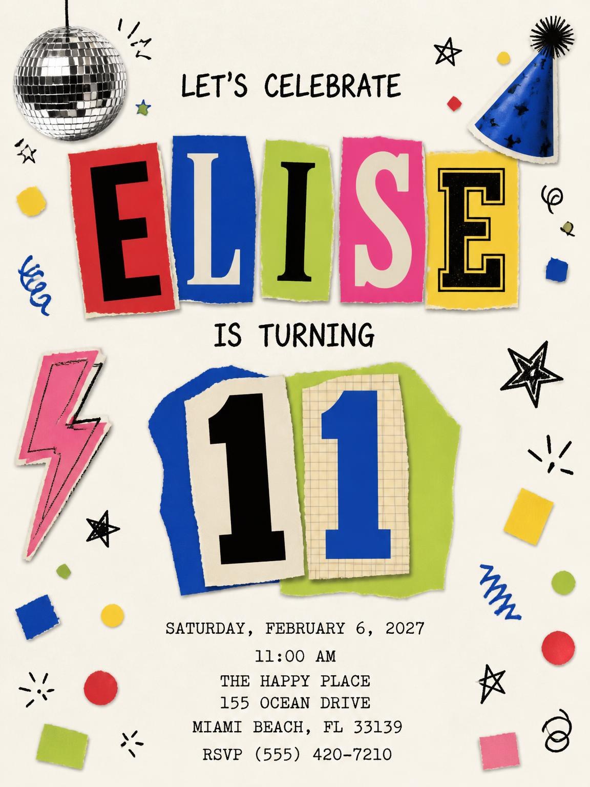 Retro Paper Collage 11th Birthday Invitation