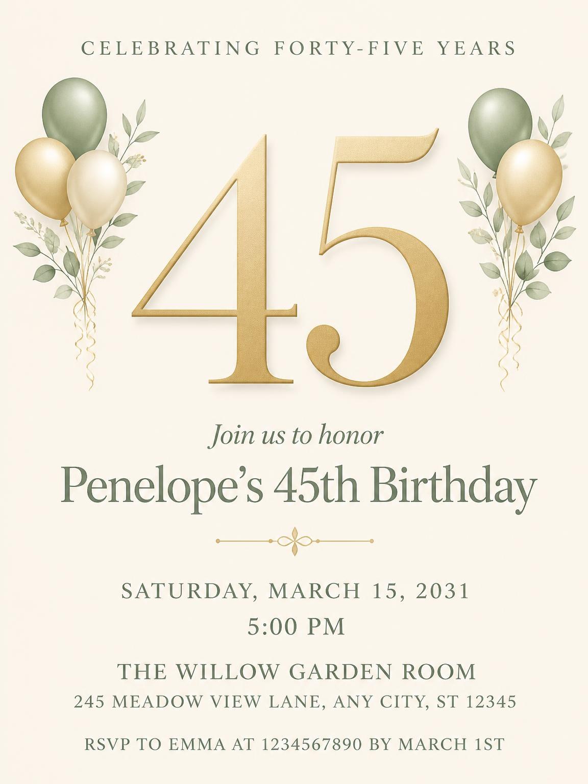 Sage and Ivory 45th Birthday Invitation