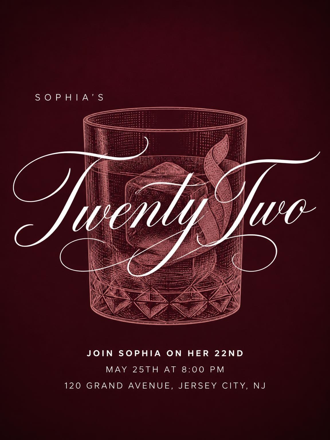 Burgundy Cocktail 22nd Birthday Invitation