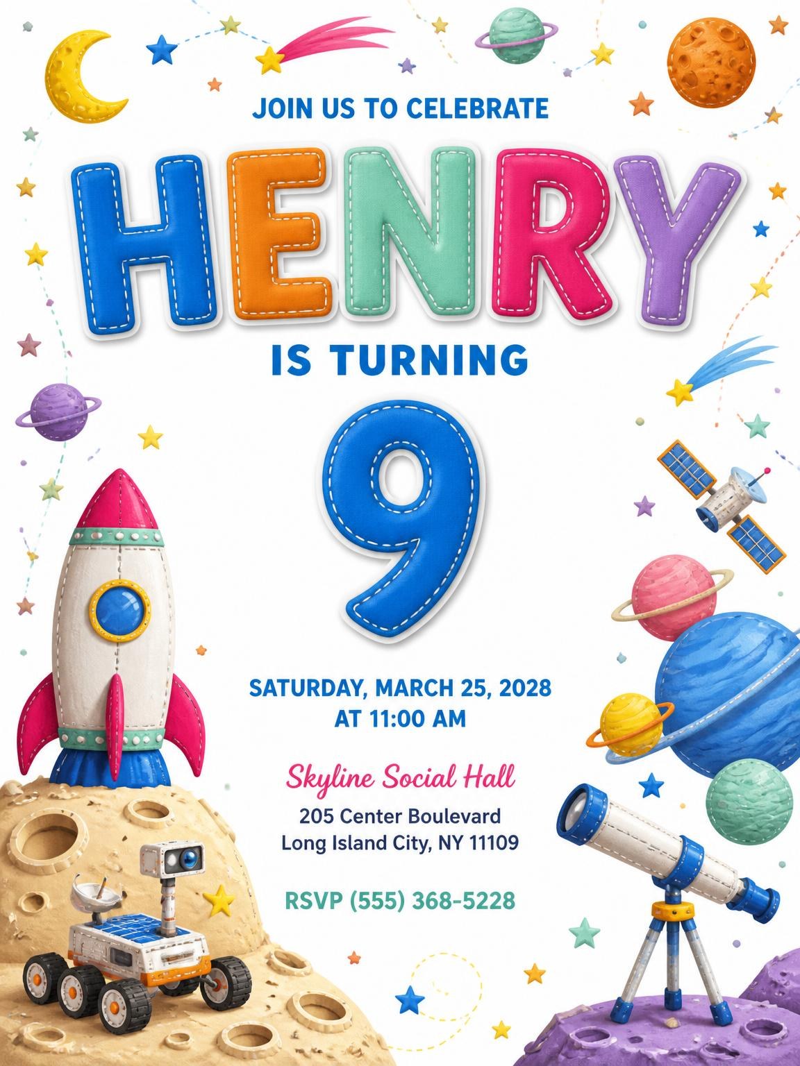 Stitched Space 9th Birthday Invitation