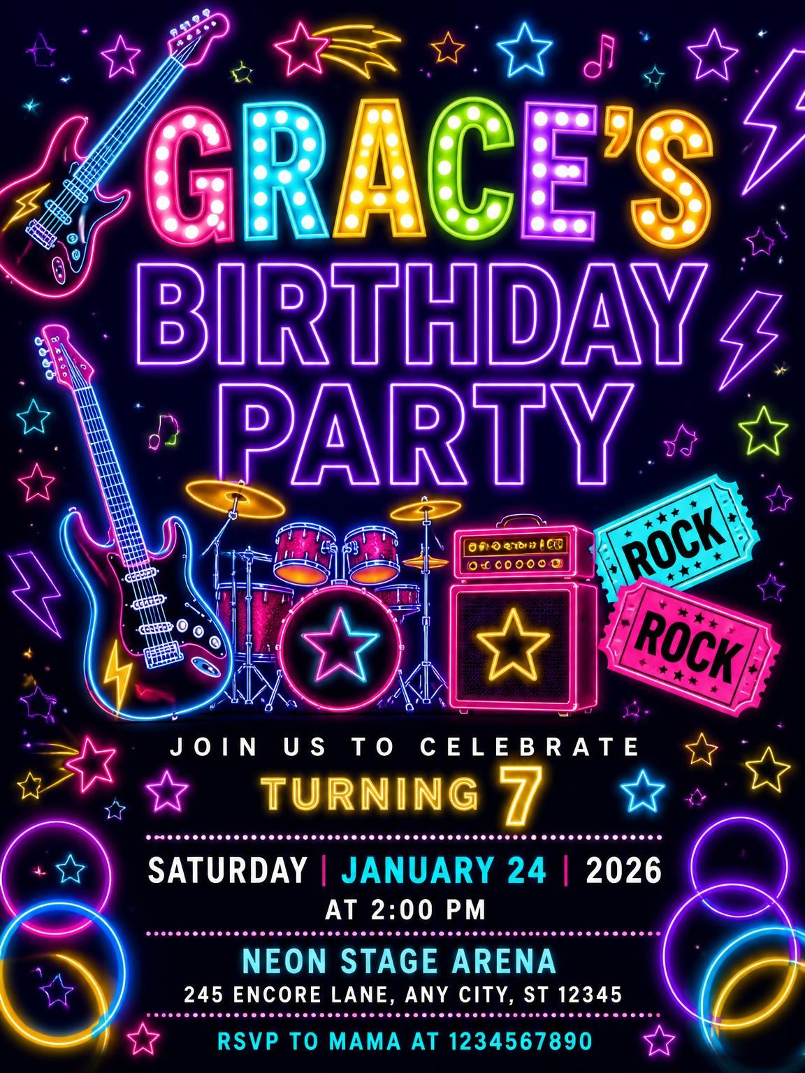 Neon Rock Star 7th Birthday Invitation
