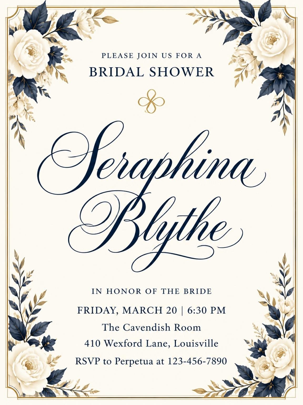 Navy Floral Gold Border Bridal Shower