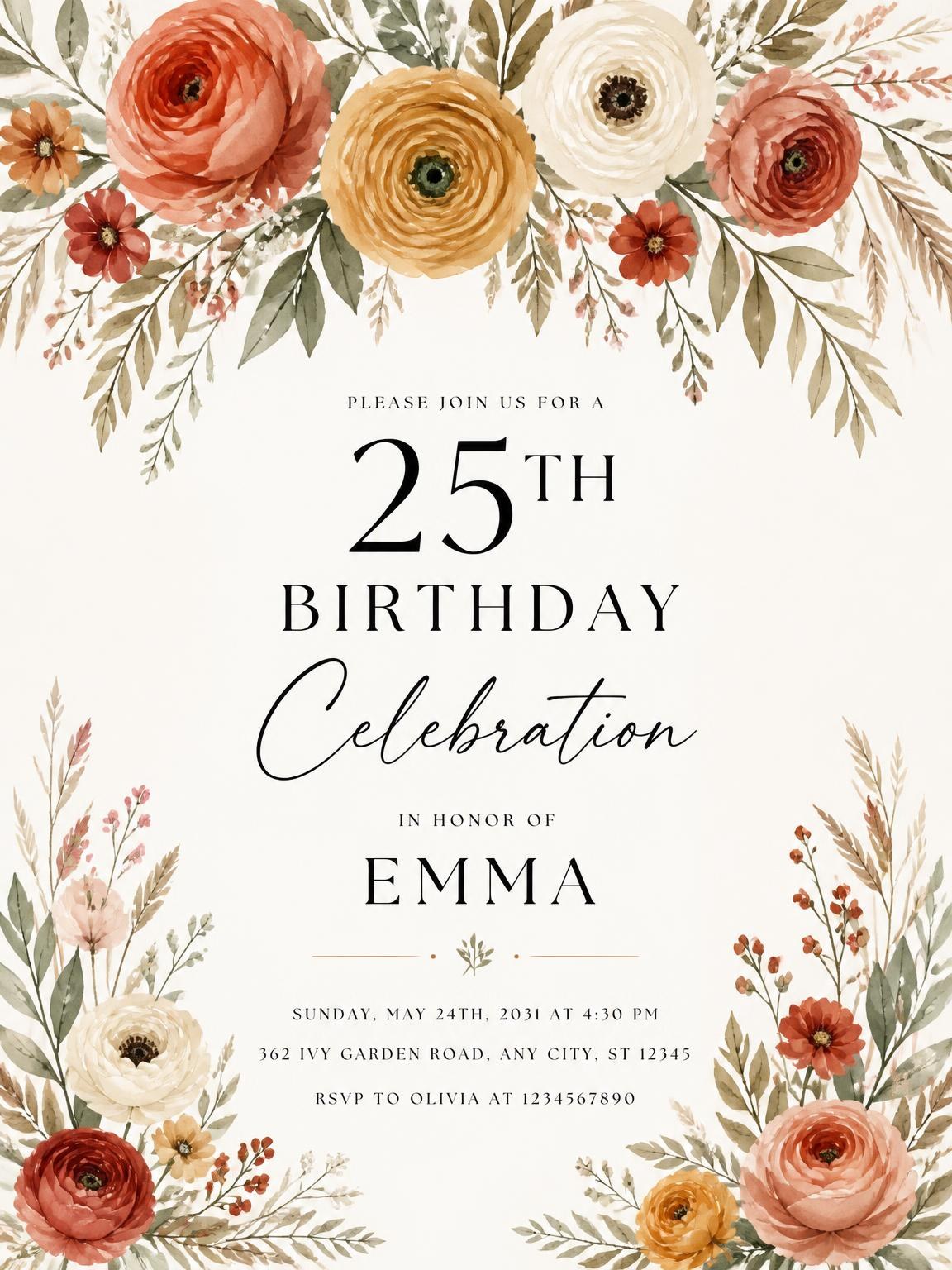 Terracotta Floral Garland 25th Birthday Invitation