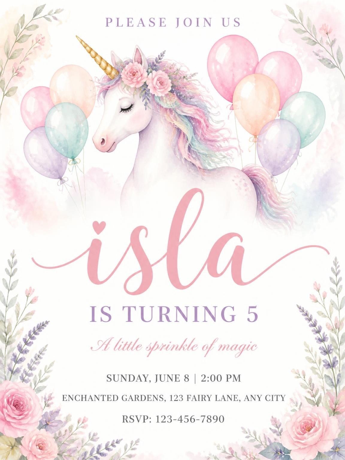 Unicorn and Balloon 5th Birthday Invitation