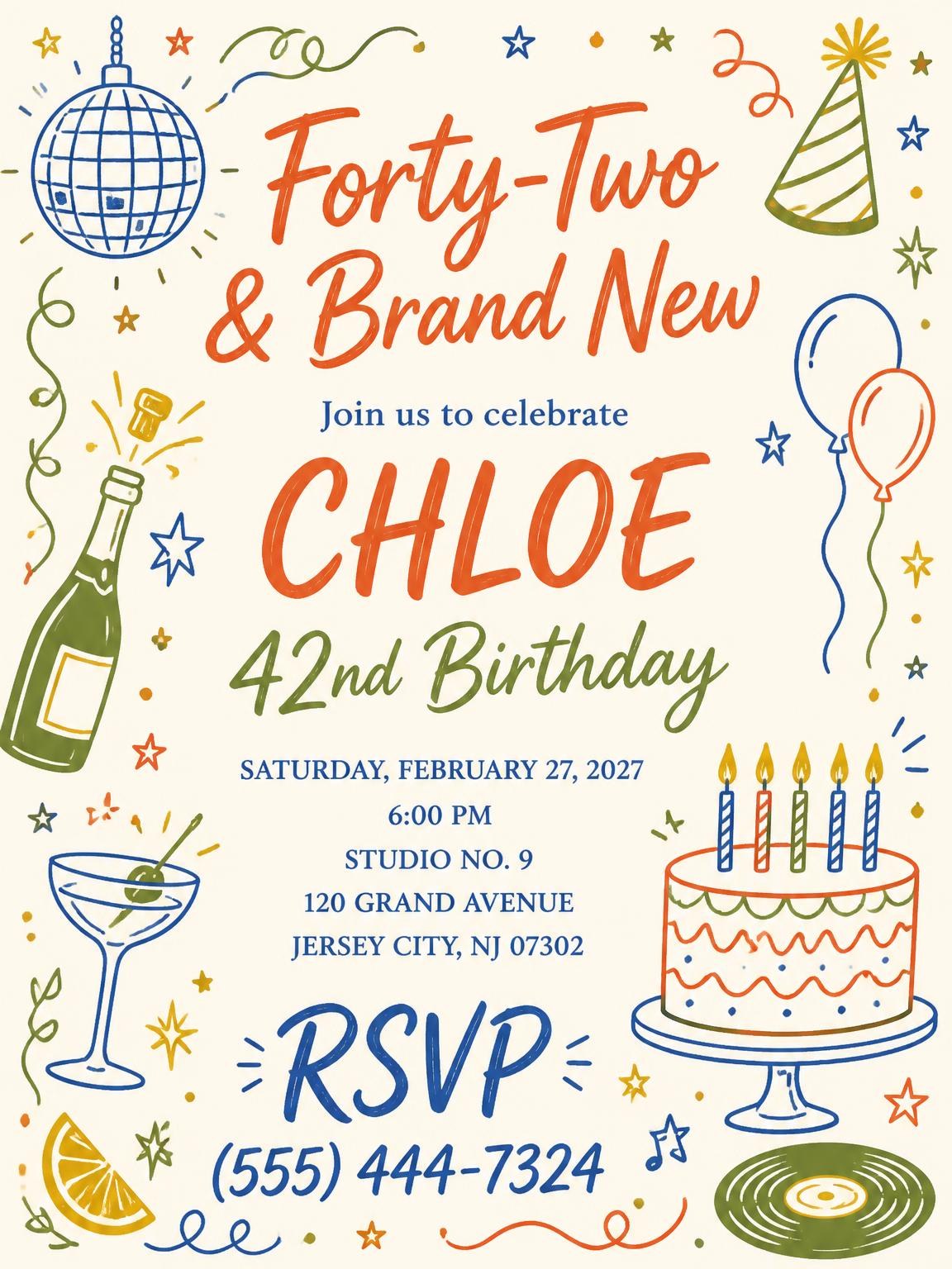 Retro Doodle 42nd Birthday Invitation