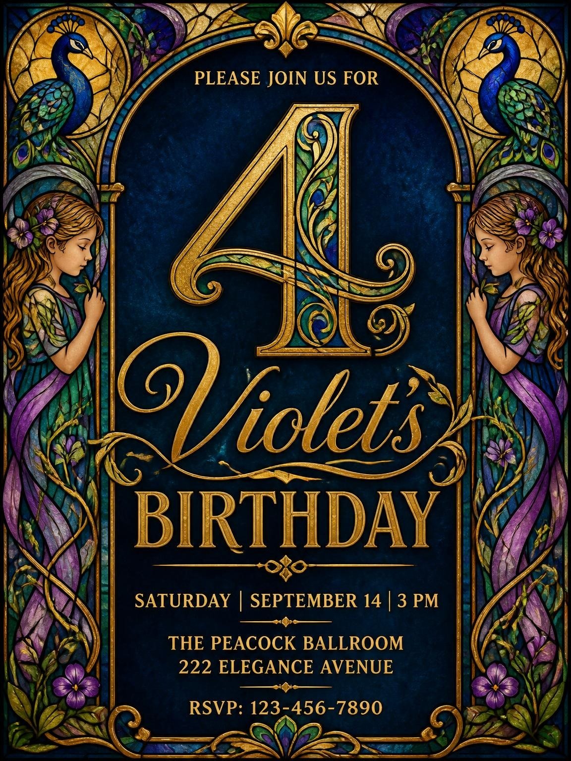 Navy Stained Glass Peacock 4th Birthday