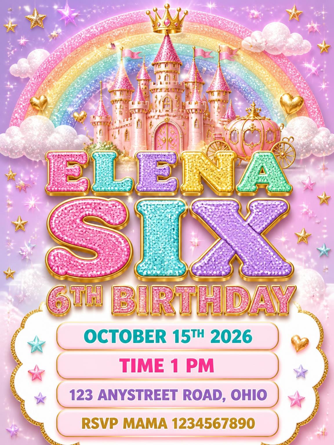 Glitter Princess Castle 6th Birthday Invitation
