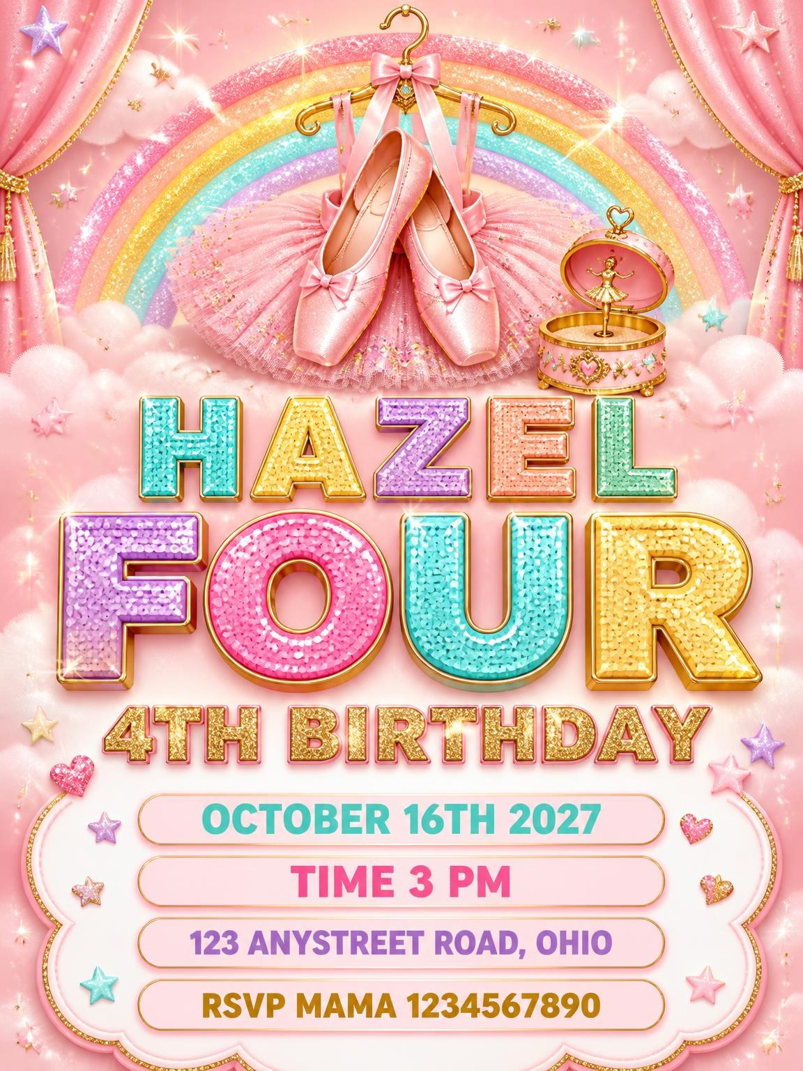 Glitter Ballet 4th Birthday Invitation