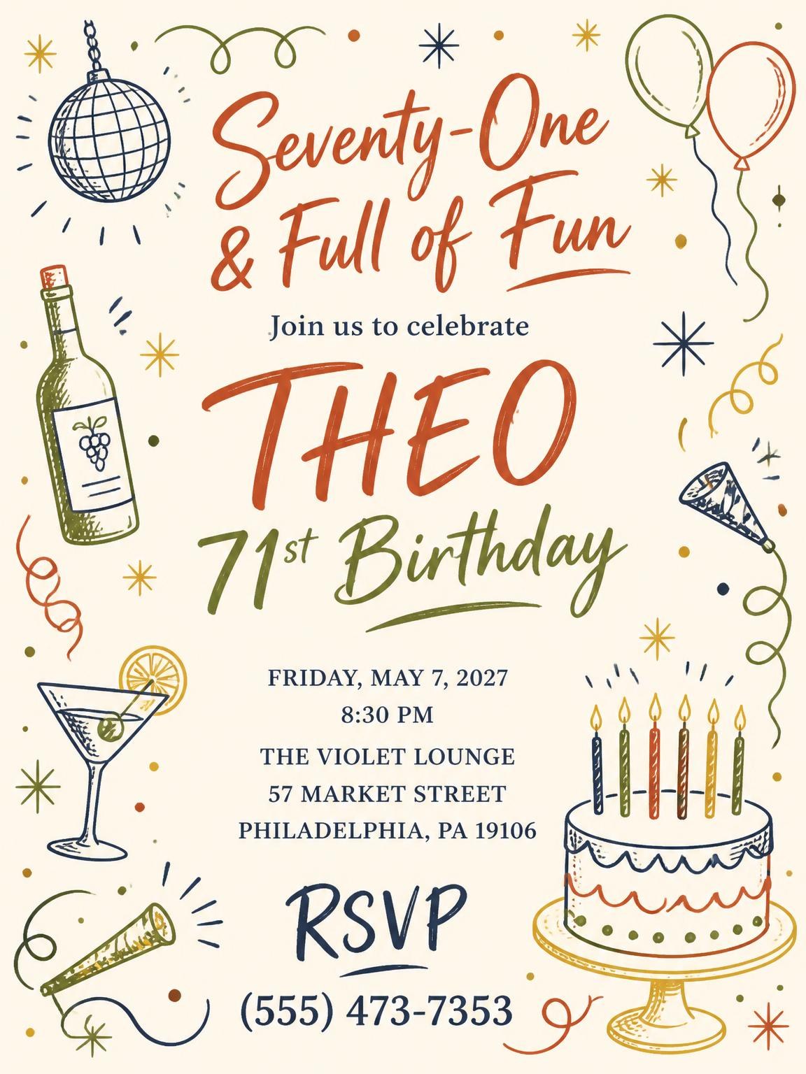 Retro Doodle 71st Birthday Invitation