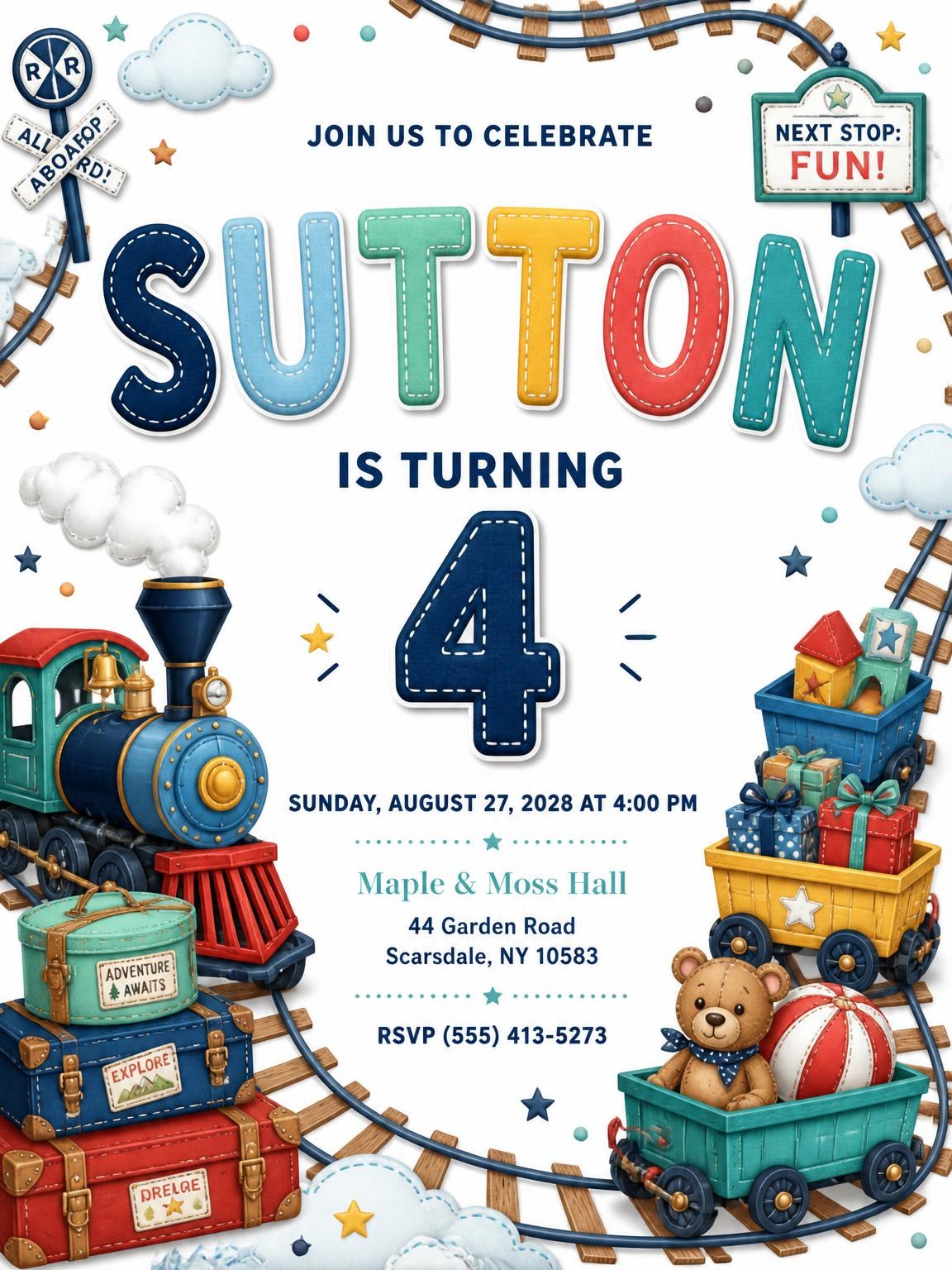 Stitched Train 4th Birthday Invitation