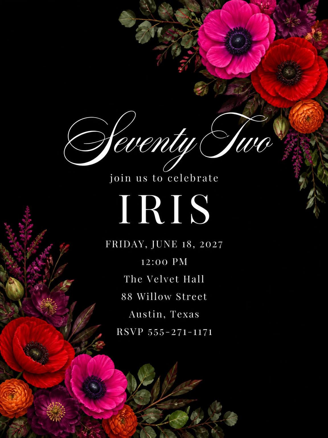 Black Floral 72nd Birthday Invitation