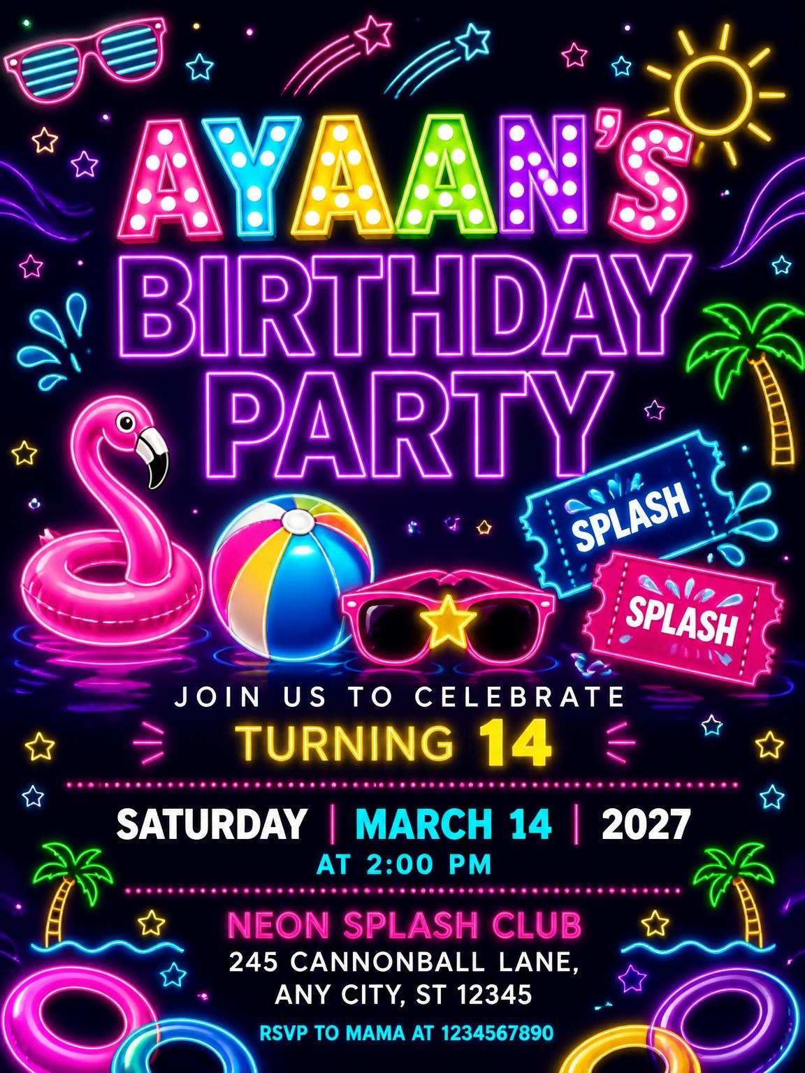 Neon Pool Party 14th Birthday Invitation