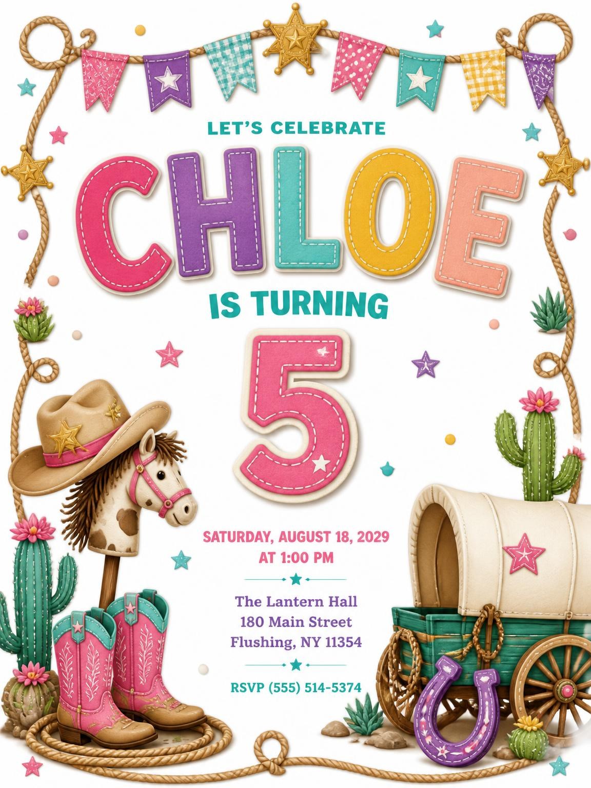 Stitched Cowboy 5th Birthday Invitation