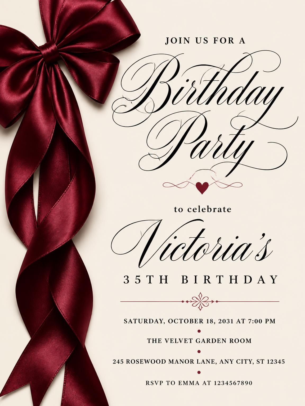 Burgundy Satin Bow 35th Birthday Invitation