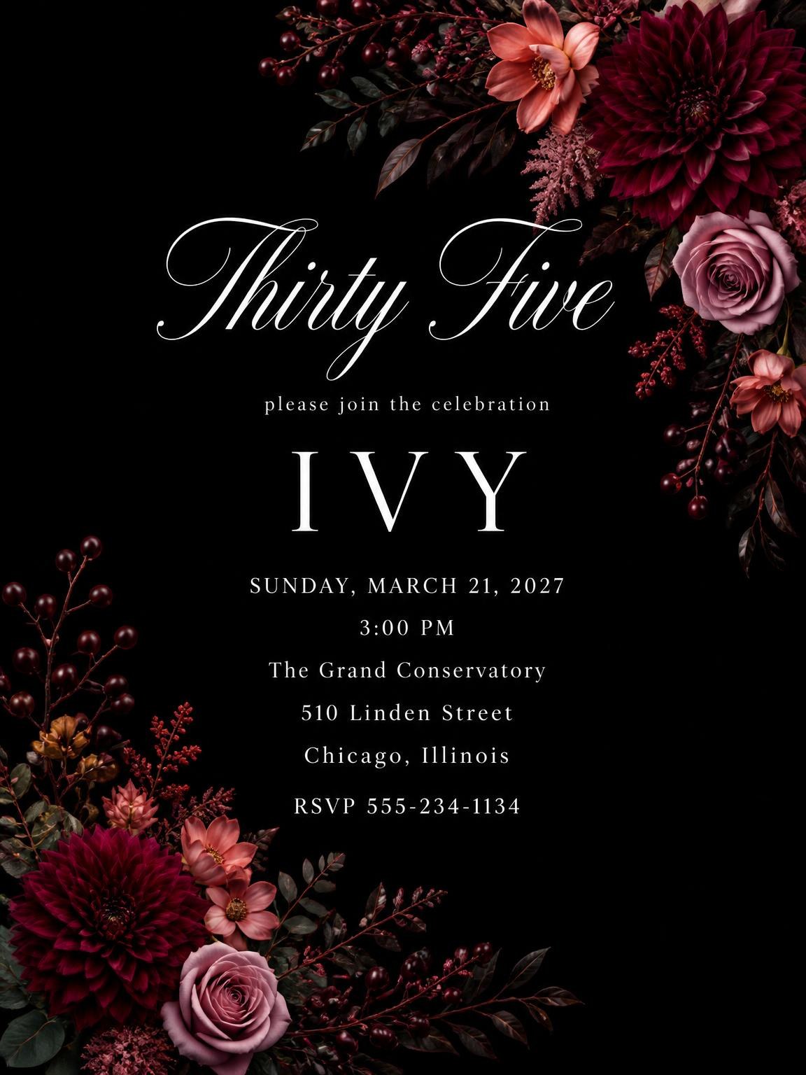 Black Floral 35th Birthday Invitation