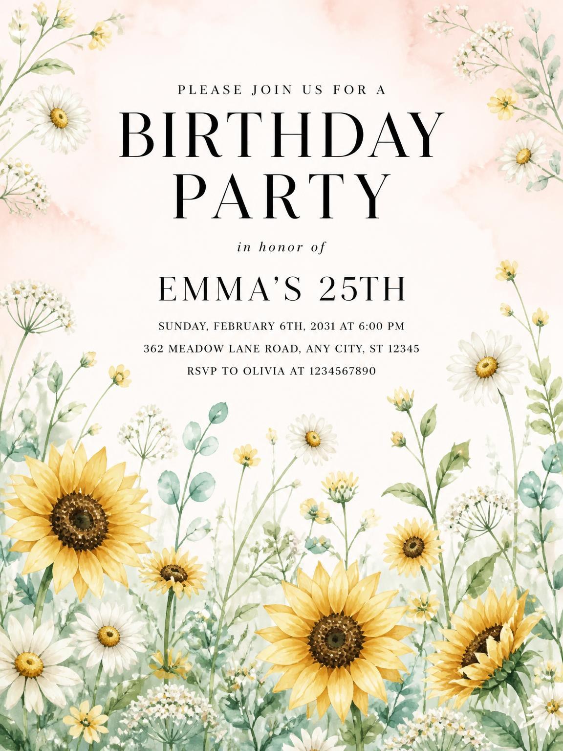 Sunflowers Mint 25th Birthday Invitation