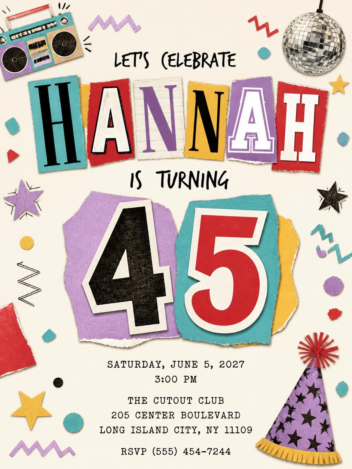 Retro Paper Collage 45th Birthday Invitation