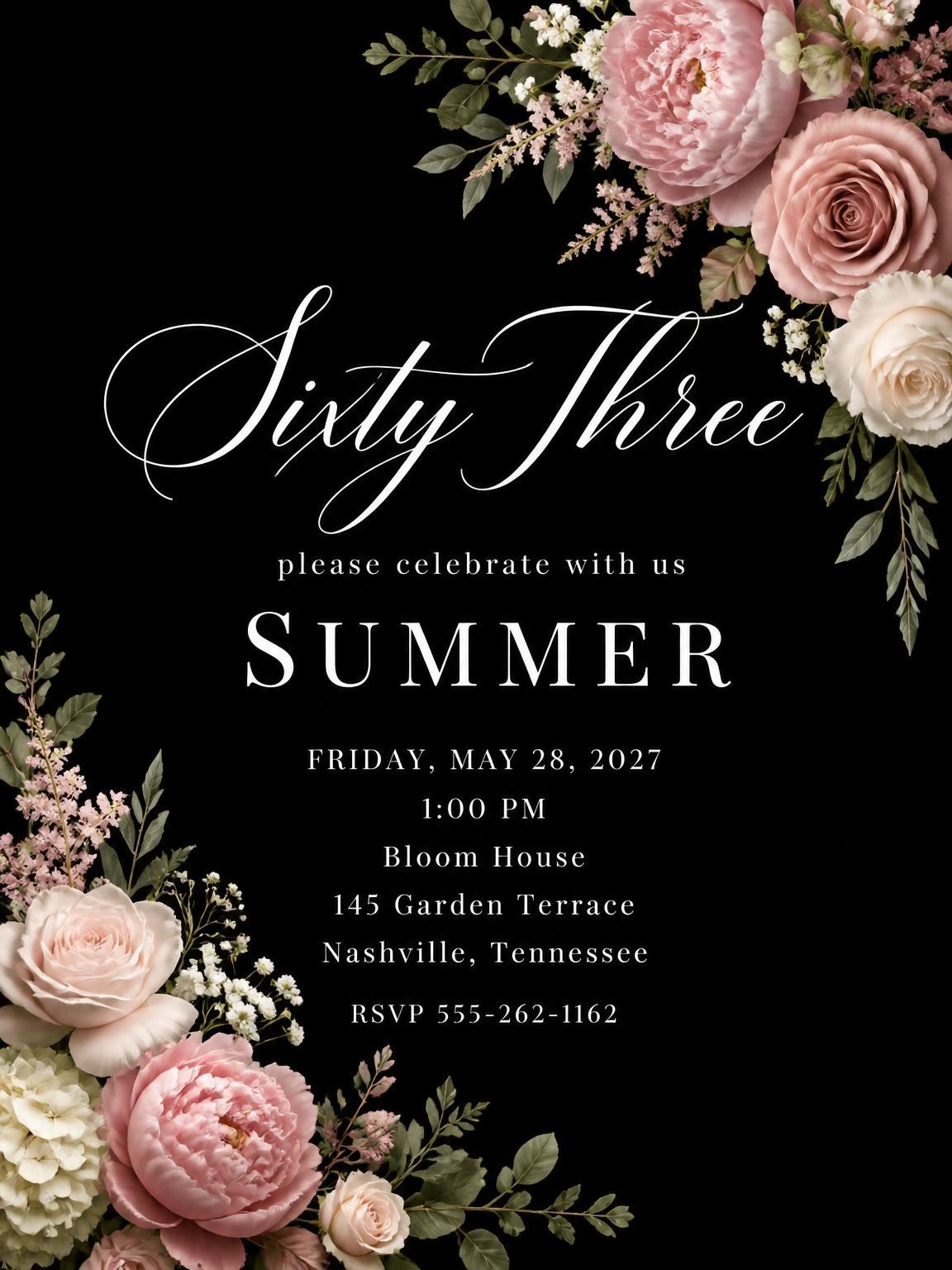 Black Floral 63rd Birthday Invitation