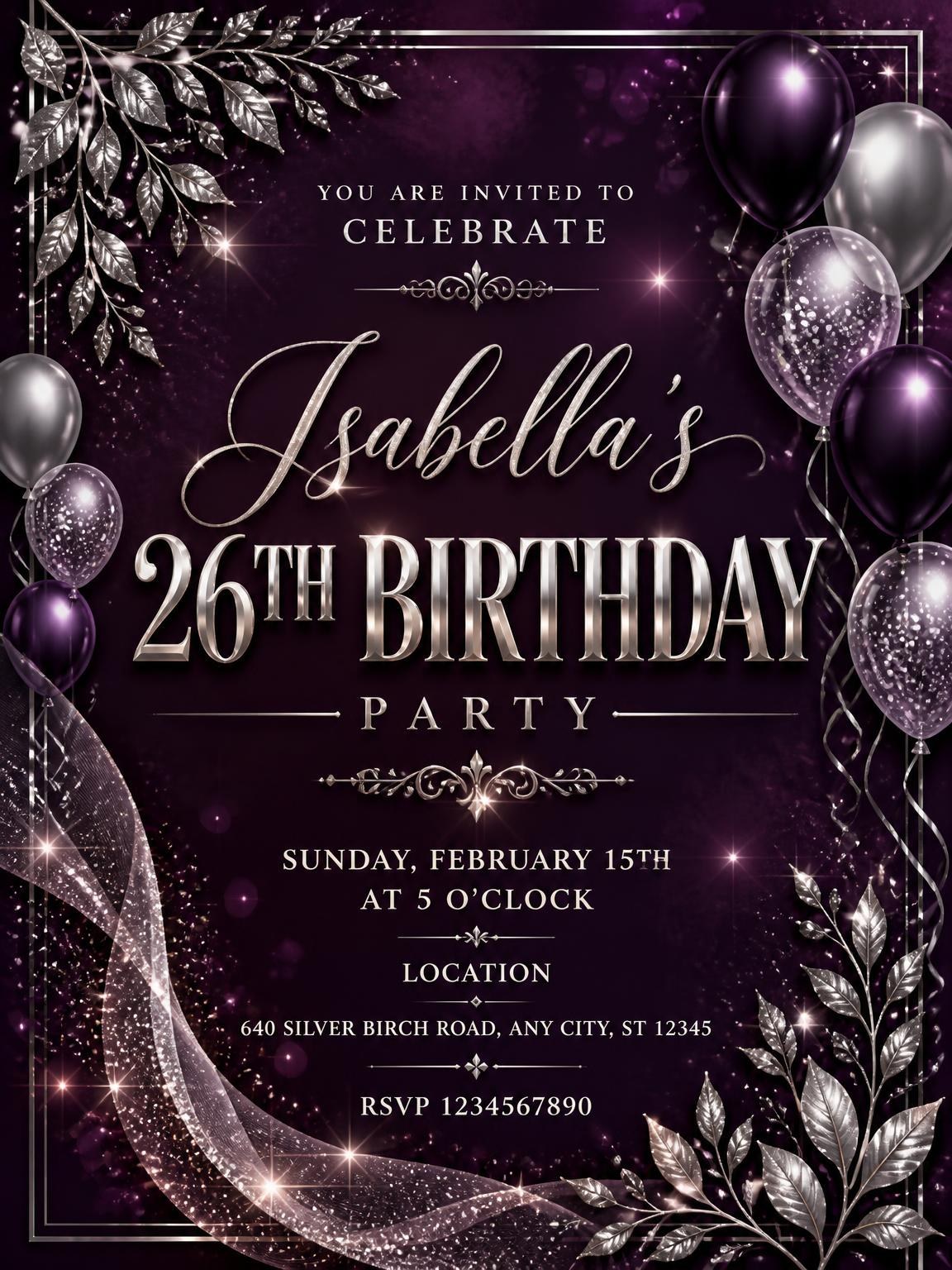Plum and Silver 26th Birthday Invitation