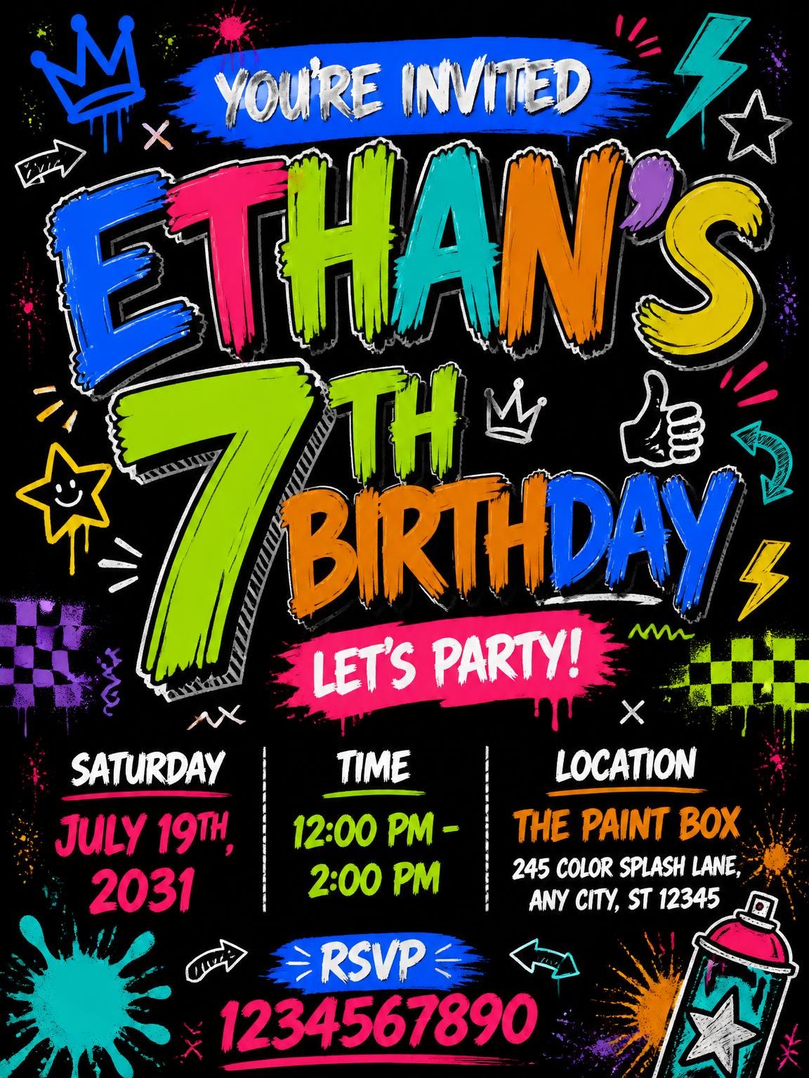 Graffiti Street Art 7th Birthday Invitation