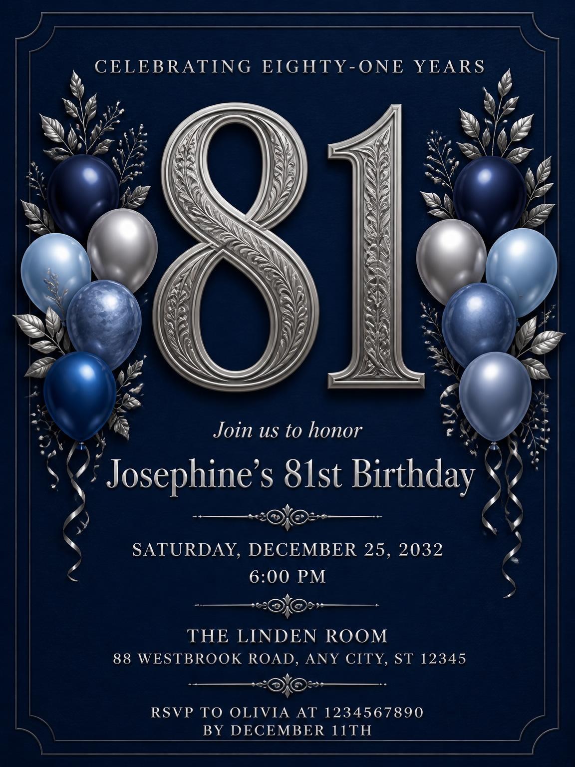 Navy and Silver 81st Birthday Invitation
