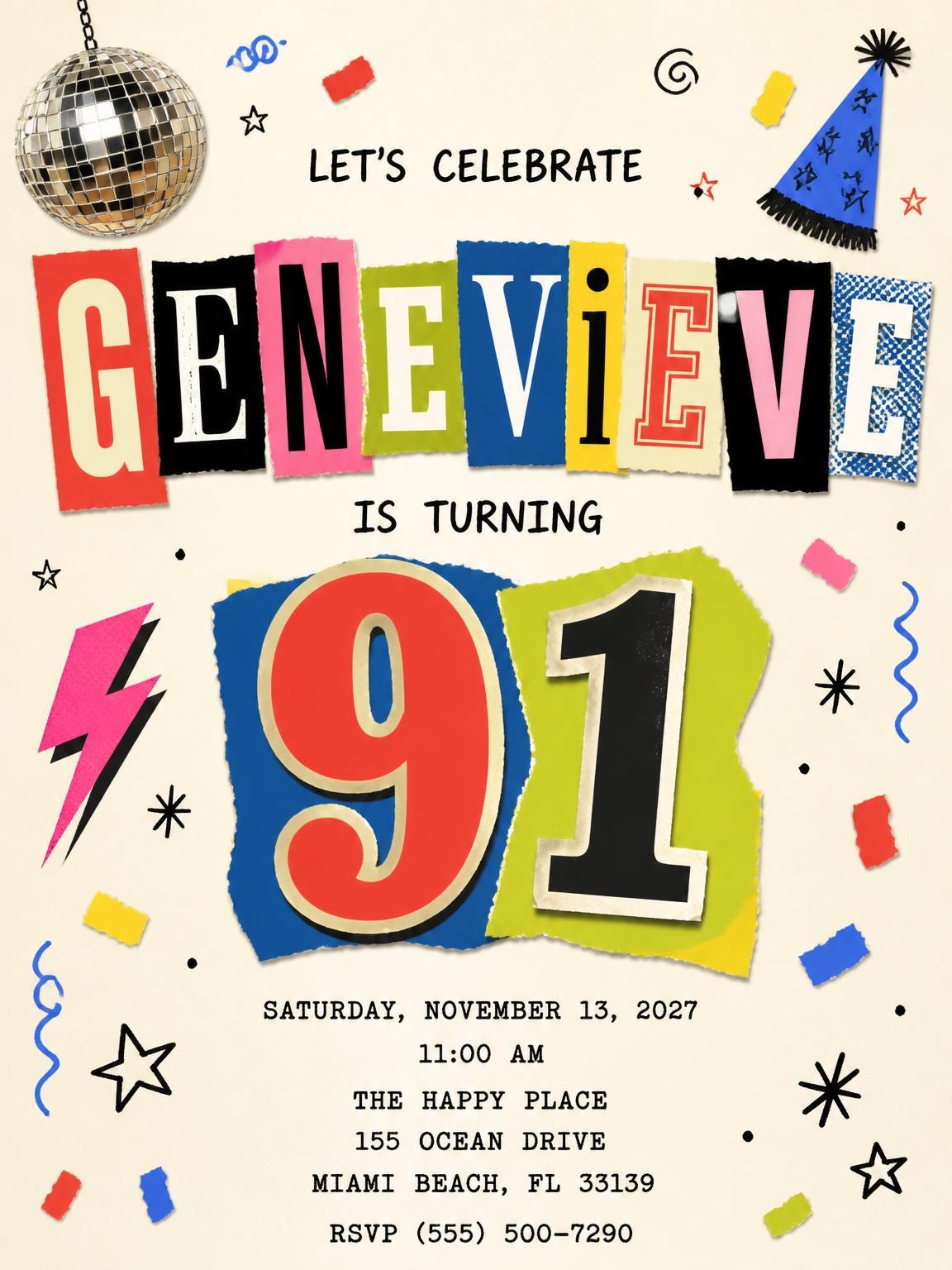 Retro Paper Collage 91st Birthday Invitation