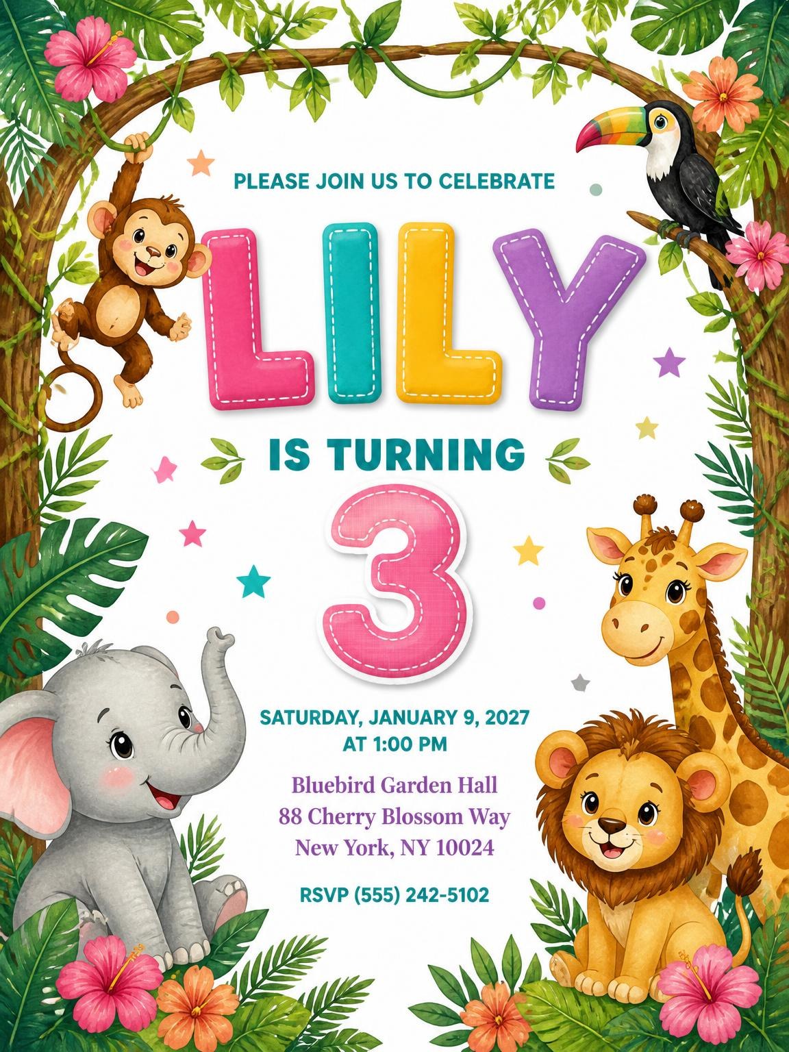 Stitched Safari 3rd Birthday Invitation