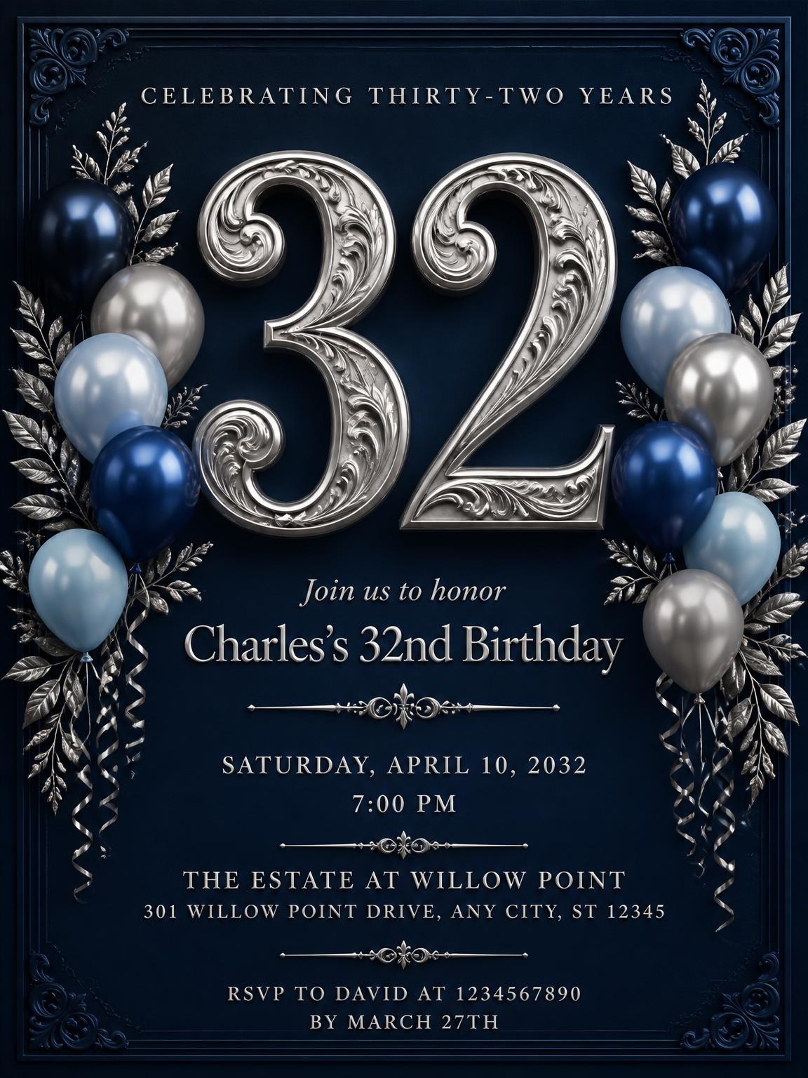 Navy and Silver 32nd Birthday Invitation