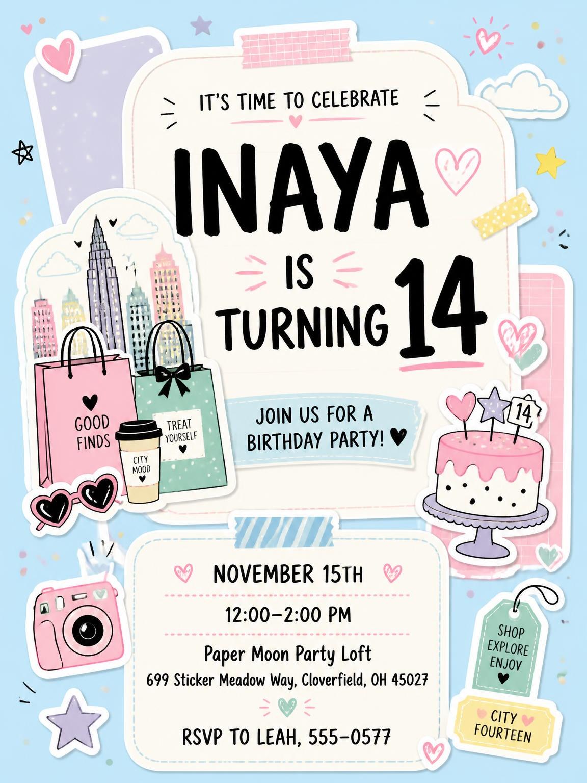 Shopping Bags Pastel 14th Birthday Invitation