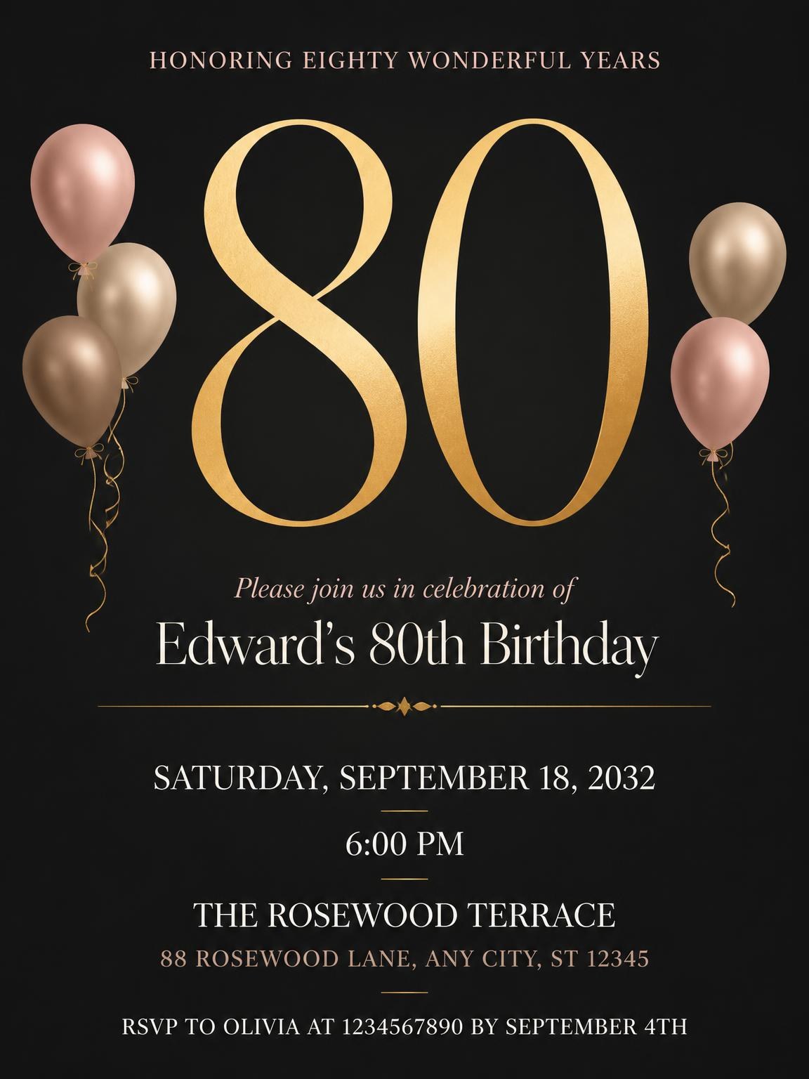 Charcoal and Blush 80th Birthday Invitation