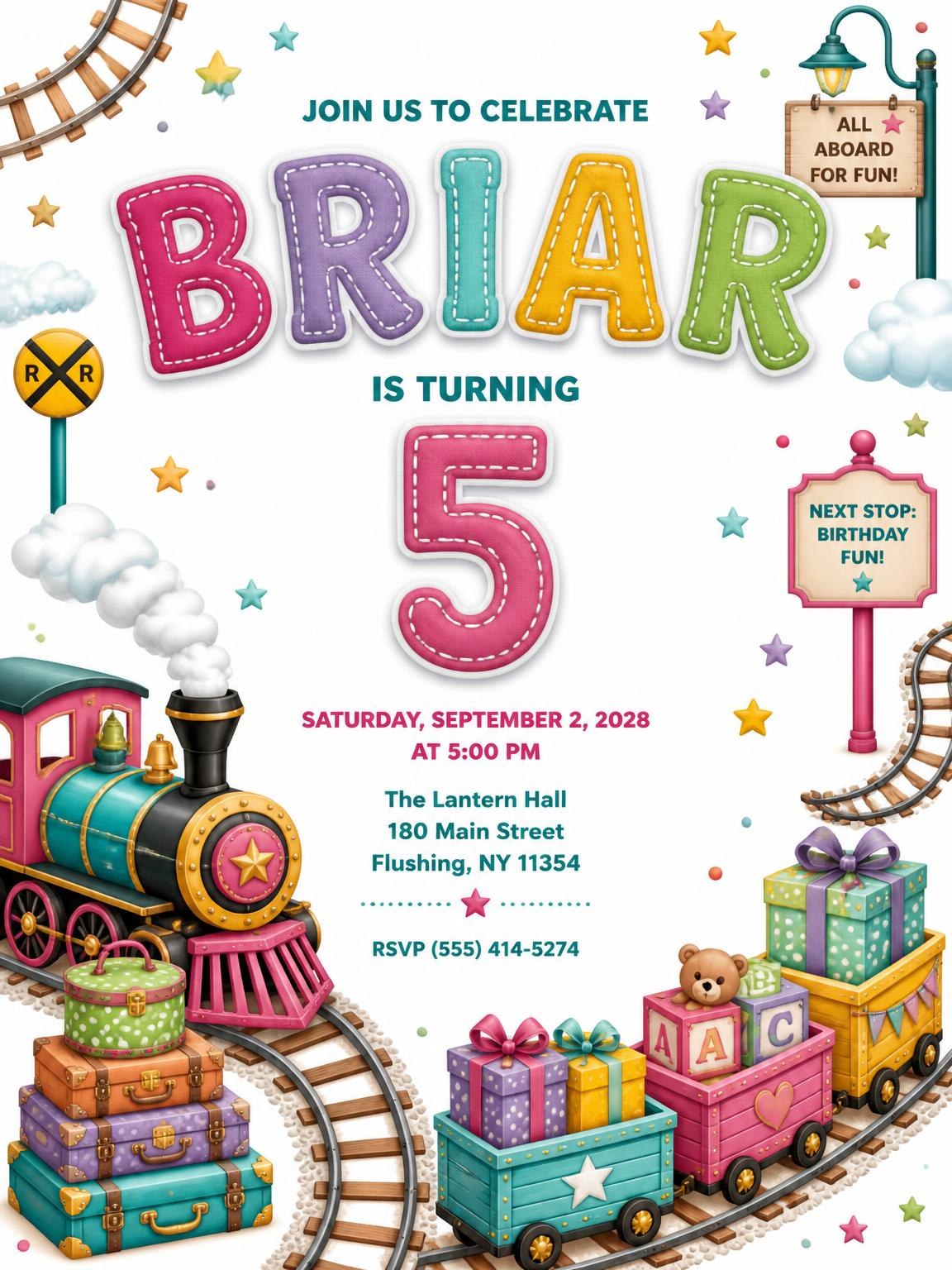 Stitched Train 5th Birthday Invitation