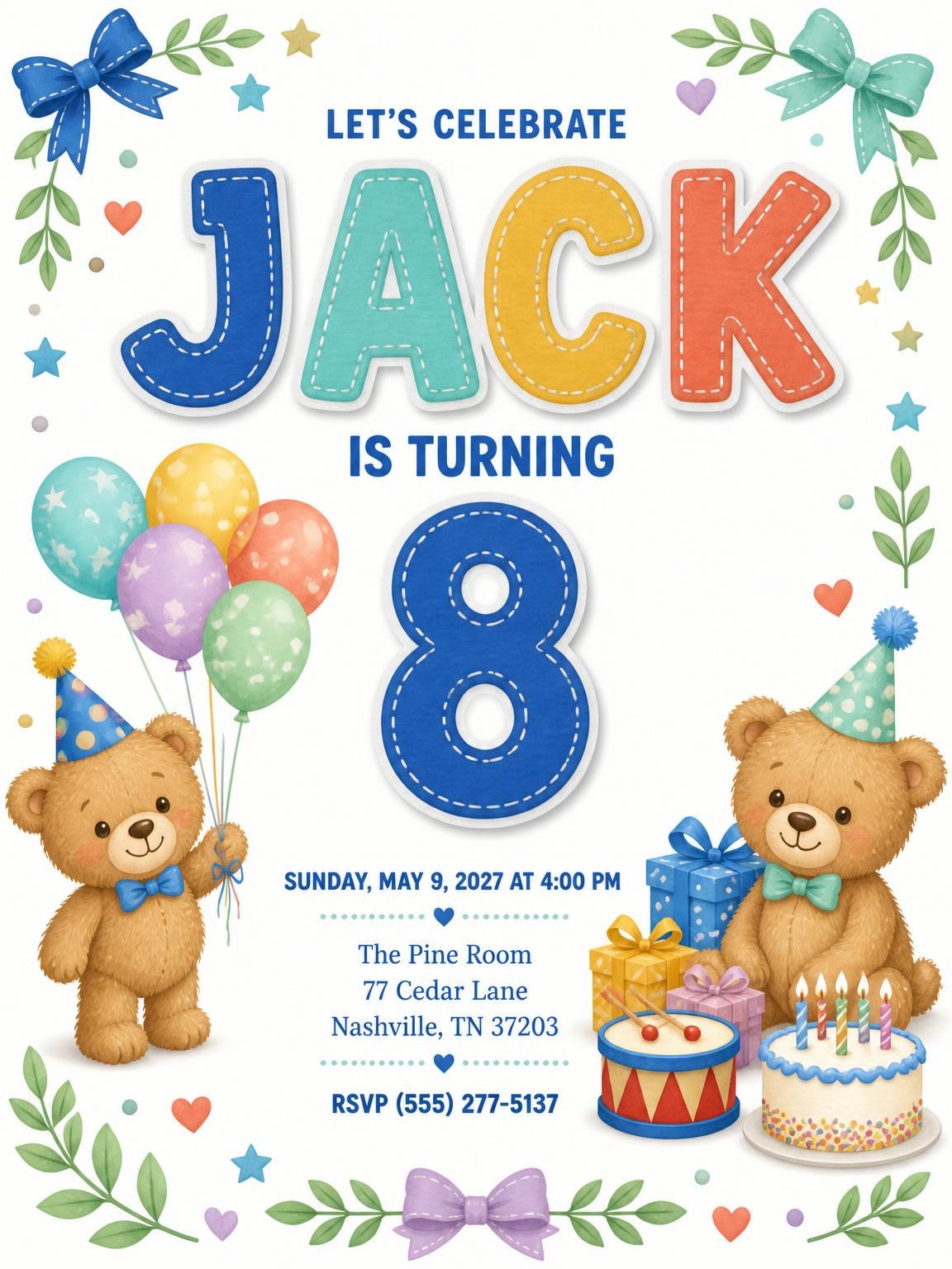 Stitched Teddy Bear 8th Birthday Invitation