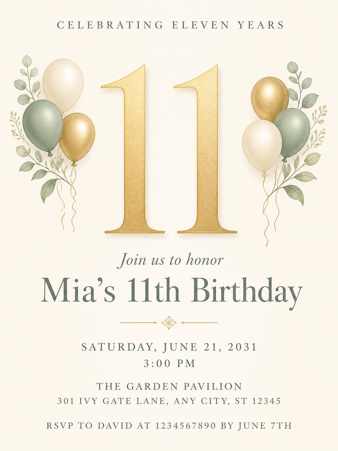 Sage and Ivory 11th Birthday Invitation