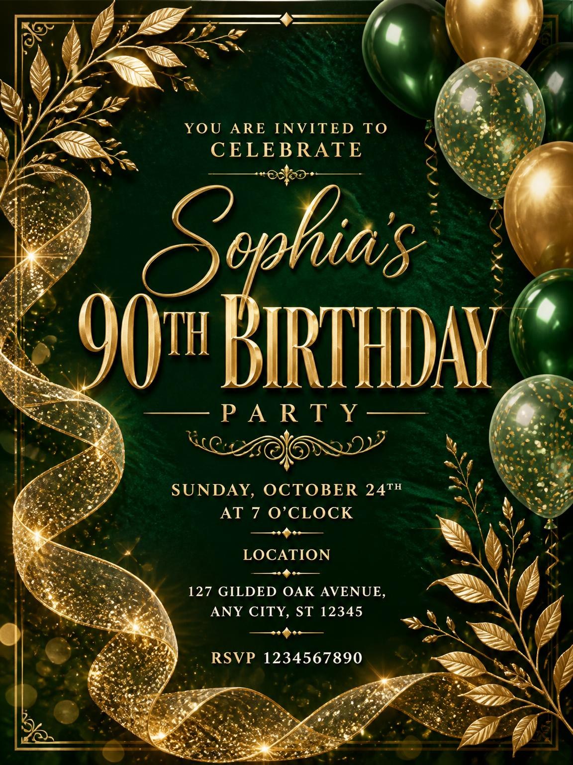 Emerald and Champagne 90th Birthday Invitation